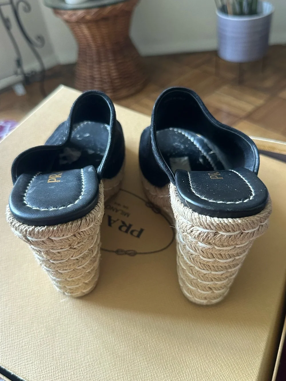 Prada Black Suede Espadrille Wedge Mules